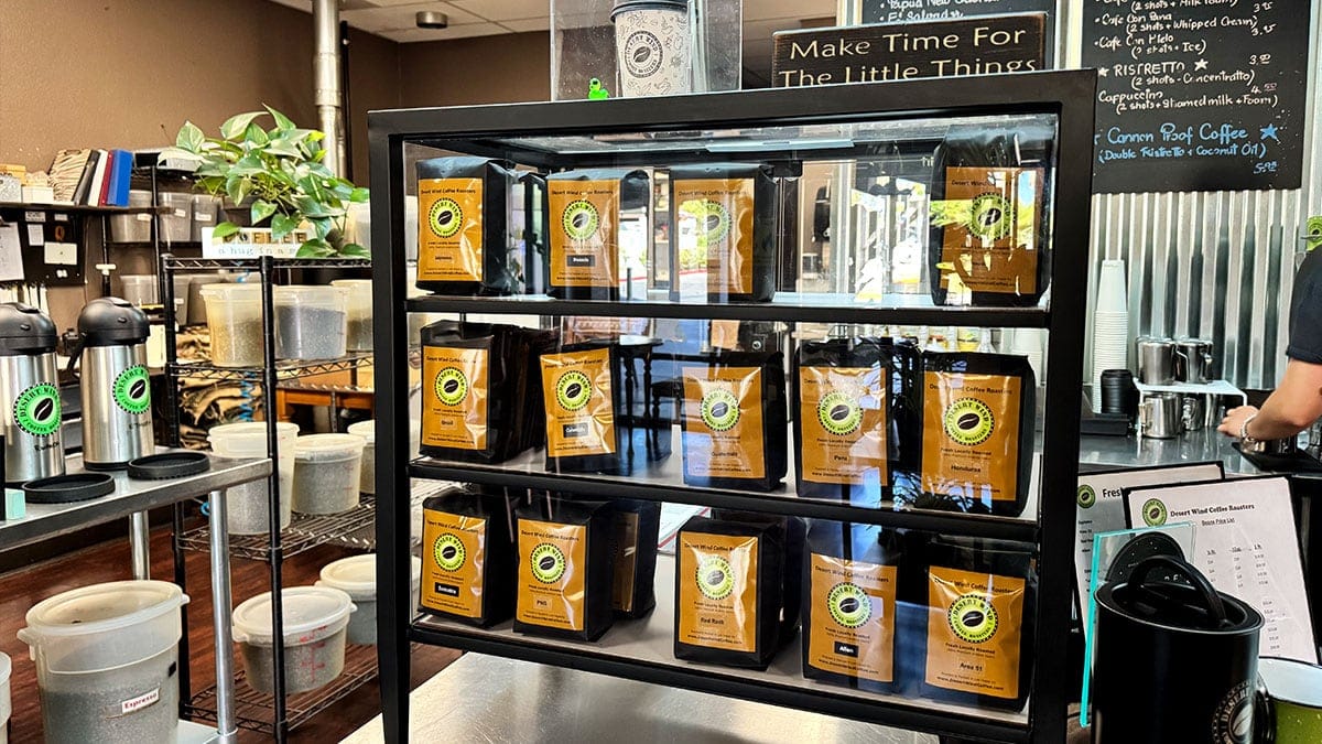 bags of coffee beans available for purchase at Desert Wind Coffee Roasters
