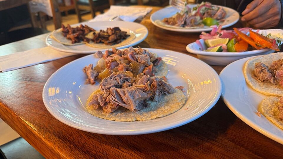 Mixed carnitas tacos with different cuts and toppings at Carnitas y Tortas