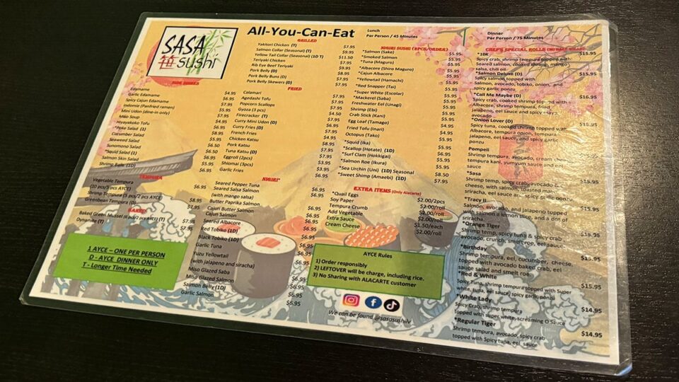 The all-you-can-eat sushi menu at Sasa Sushi featuring rolls, nigiri, appetizers, and specialty items.