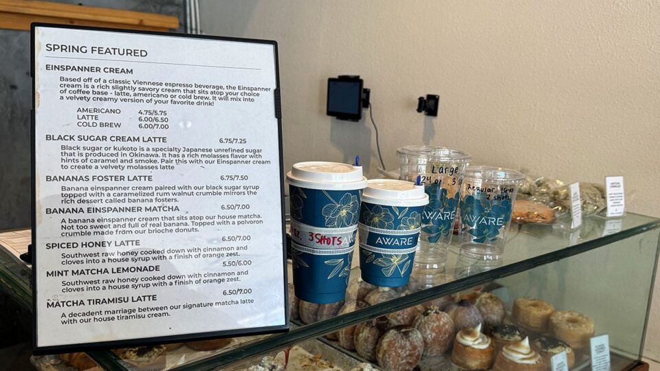 Spring specials menu at Aware Coffee featuring seasonal drinks and limited-time offerings.
