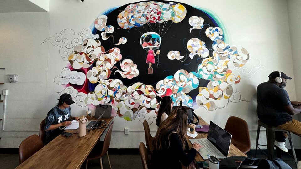 Interior wall art inside Aware Coffee in Centennial Las Vegas with modern minimalist design.