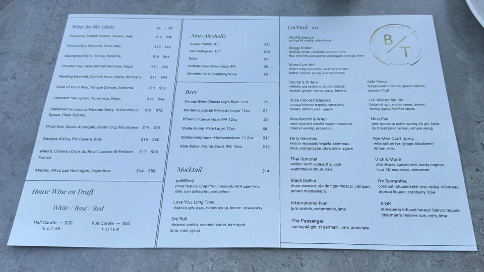Cocktail and drinks menu at Butcher & Thief restaurant