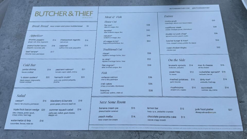 Food menu at Butcher & Thief steakhouse in Las Vegas