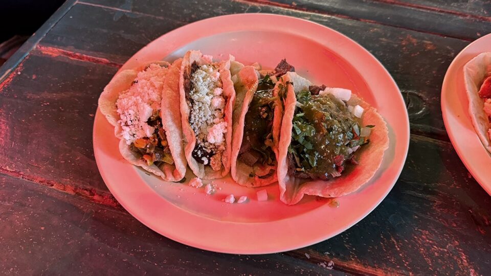 Carne asada, lengua, adobada, and nopal tacos served at Pinches Tacos in Southwest Las Vegas.