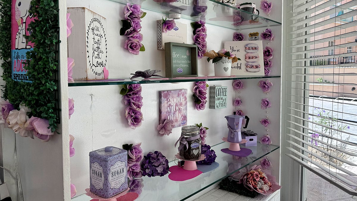 colorful purple decor inside bellalinda gelateria italiana