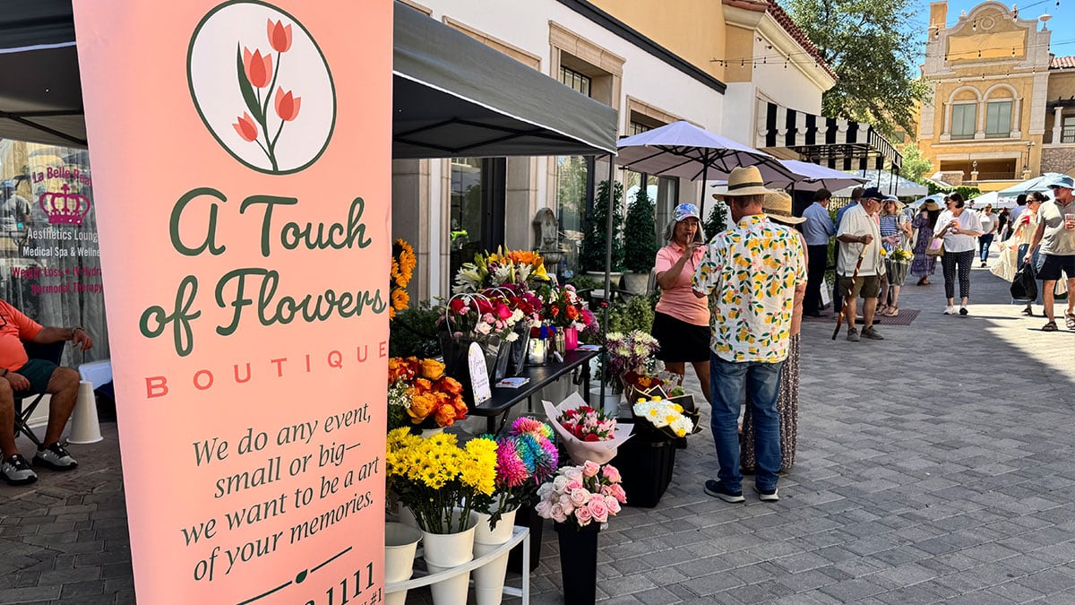 fresh flower booth at the lake las vegas farmers market featuring colorful bouquets and floral arrangements