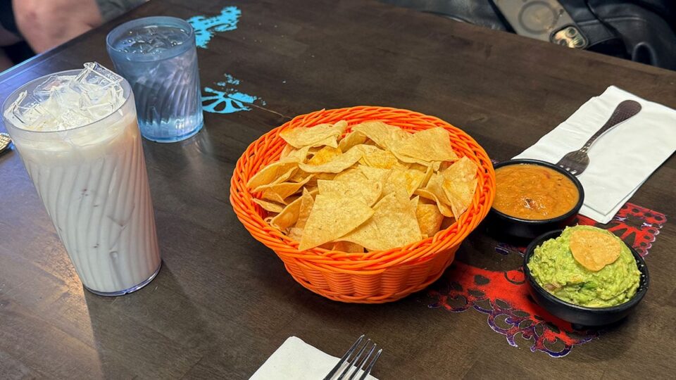 Horchata drink served with chips and salsa at Carolina's Mexican Kitchen Las Vegas