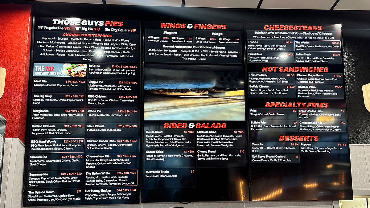 menu at those guys pies showing pizza wings cheesesteaks salads and appetizers