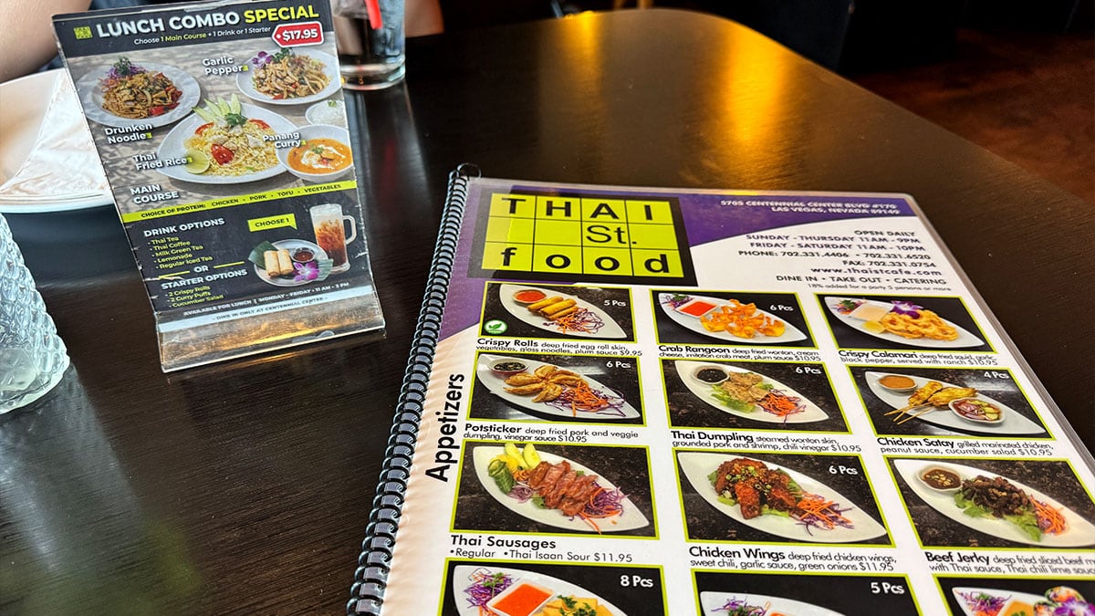 menu at Thai Street Cafe featuring Thai dishes like curries noodles and fried rice
