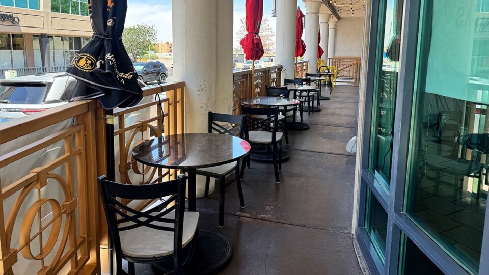 Outdoor patio seating area outside Sticks Tavern in Henderson