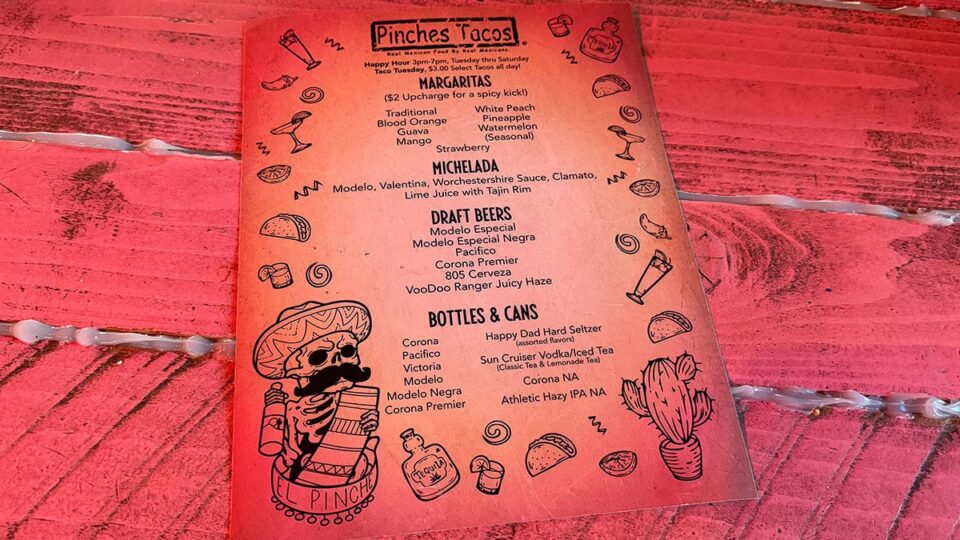 Drinks menu at Pinches Tacos featuring beer, cocktails, and micheladas.