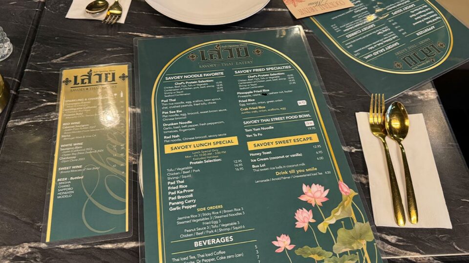Food and drink menu at Savoey Thai Eatery in Las Vegas
