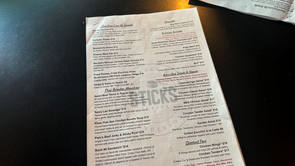 Food and drink menu at Sticks Tavern sports bar
