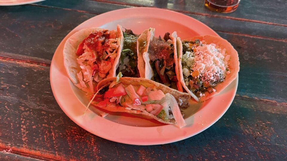 Pescado, lengua, nopal, and al pastor tacos served together at Pinches Tacos.