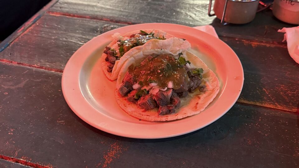 Tacos de lengua served on handmade tortillas at Pinches Tacos in Las Vegas.