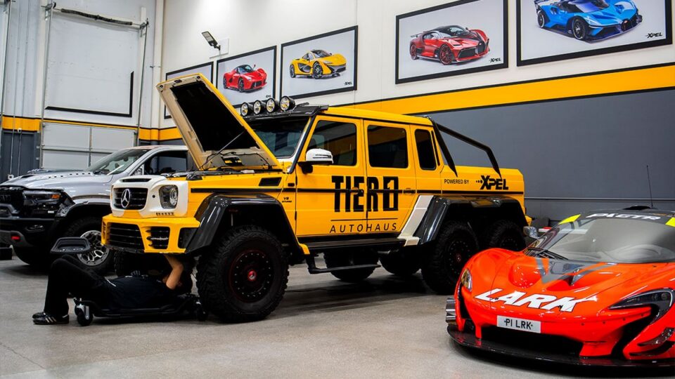 Mercedes G 63 6x6 inside Tier 1 Autohaus vinyl wrap and protection shop in Las Vegas