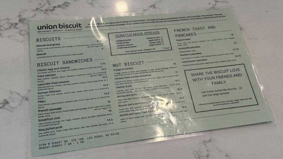 Printed Union Biscuit breakfast and brunch menu in Las Vegas.