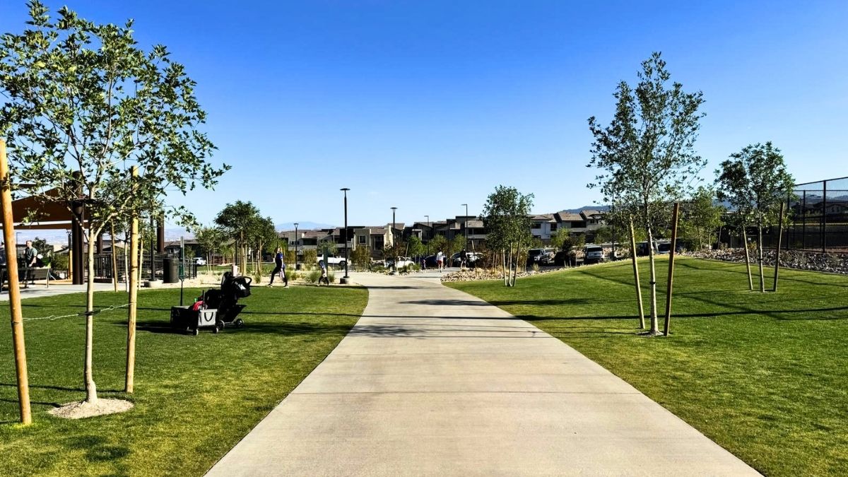 walking paths and trails winding through grand park in summerlin west