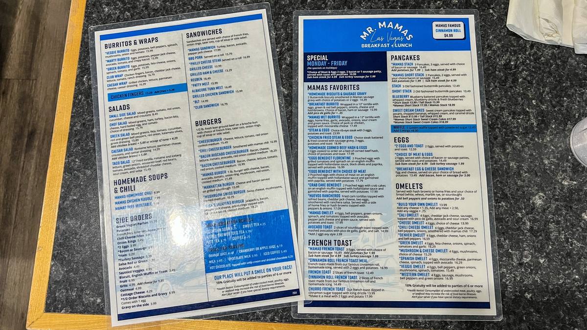 Breakfast and lunch menu at Mr. Mamas featuring omelets, pancakes, burgers, wraps, and burritos.