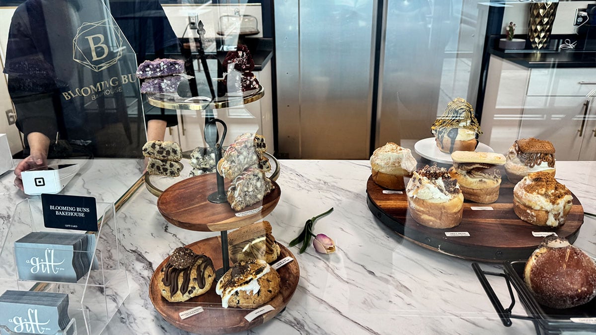 up close view of assorted pastries and brioche doughnuts at blooming buns bakehouse