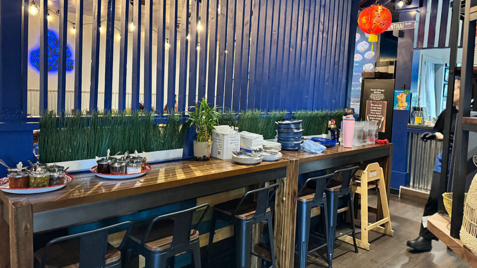 Bar seating area inside Sen Thai Noodles for quick dine-in meals