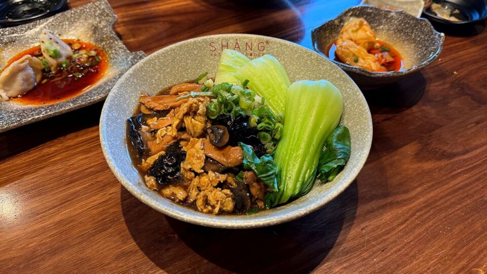 Chicken and mushroom noodle dish at Shang Artisan Noodles in Las Vegas.