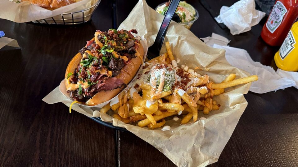 D.U.I. hot dog with fries at Dirt Dog Southwest.