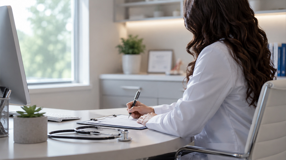 Healthcare professional writing on a clipboard in a modern medical office.