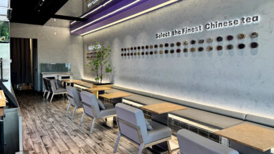 bright and modern interior of OMG Tea Lab with clean minimalist décor