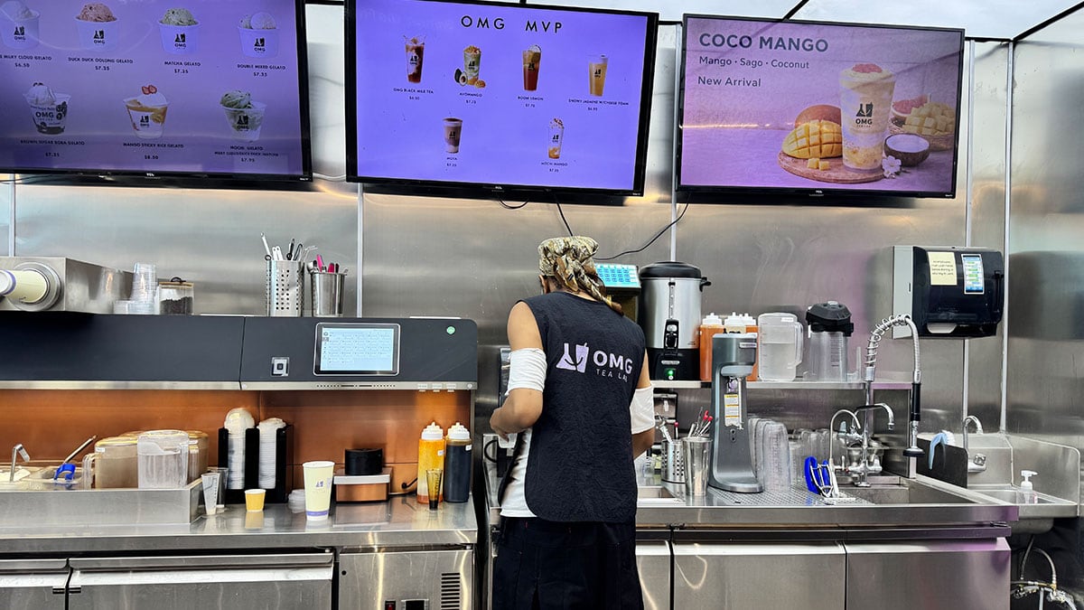 menu at OMG Tea Lab featuring milk teas, fruit teas, coffee, gelato, and desserts