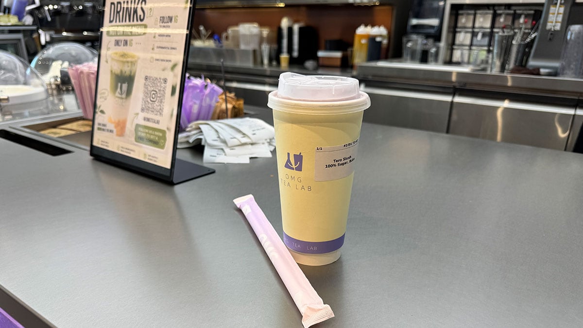 blended taro drink with chewy boba pearls from OMG Tea Lab