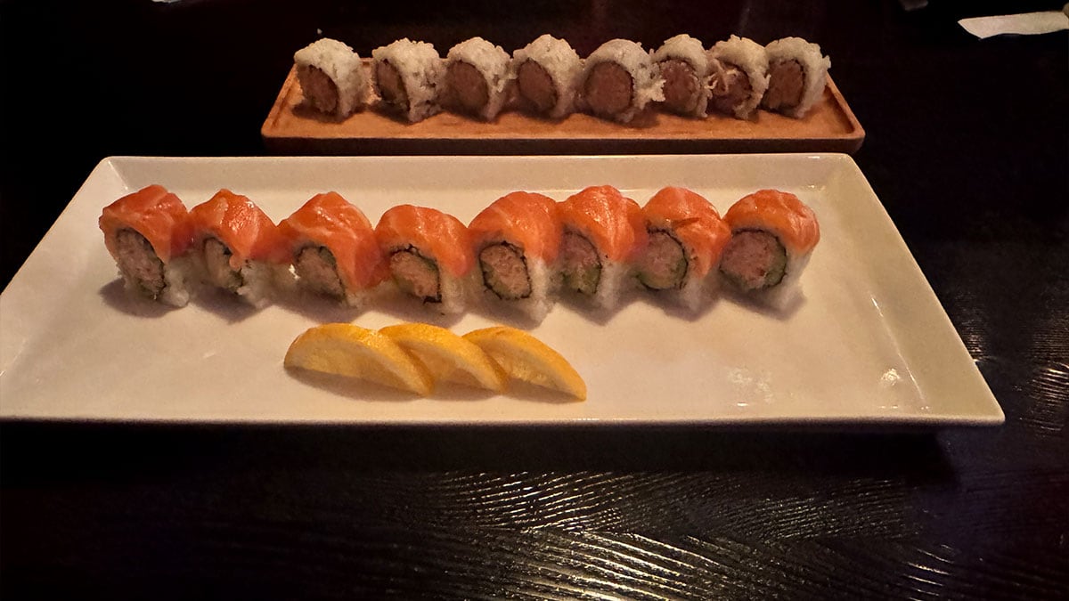 Rainbow roll and California roll served fresh at Sushi Loca.