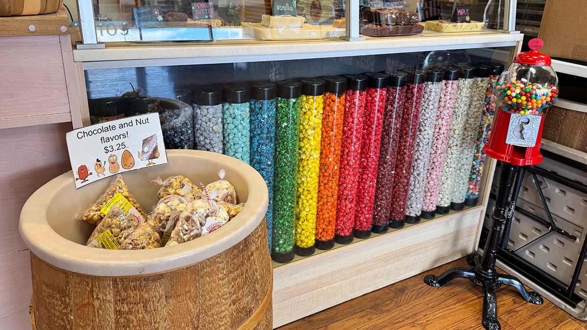 selection of gourmet popcorn flavors displayed inside Popcorn Girl Las Vegas