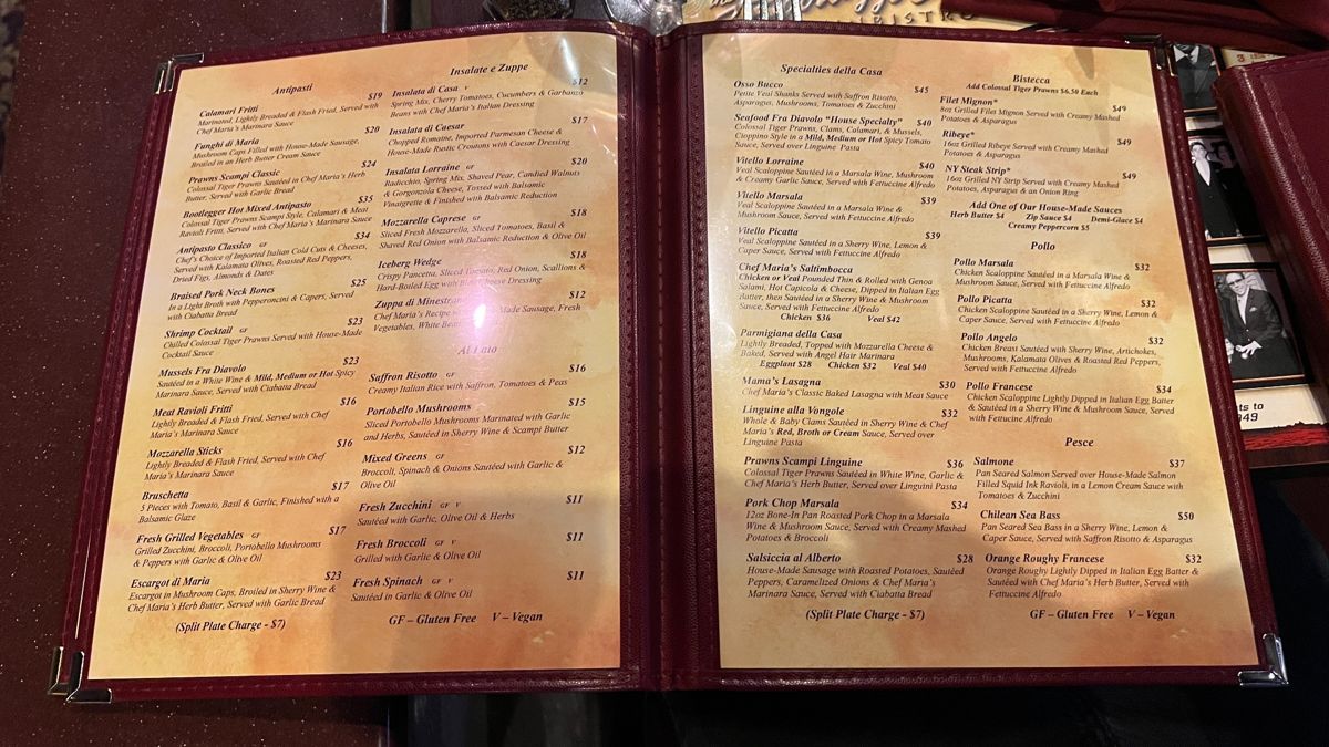 Bootlegger Italian Bistro Dinner Menu