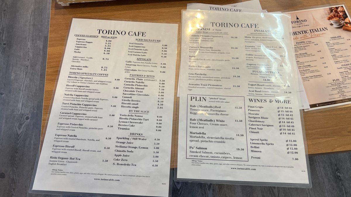 Torino Cafe Menu Coffee Panini Selection