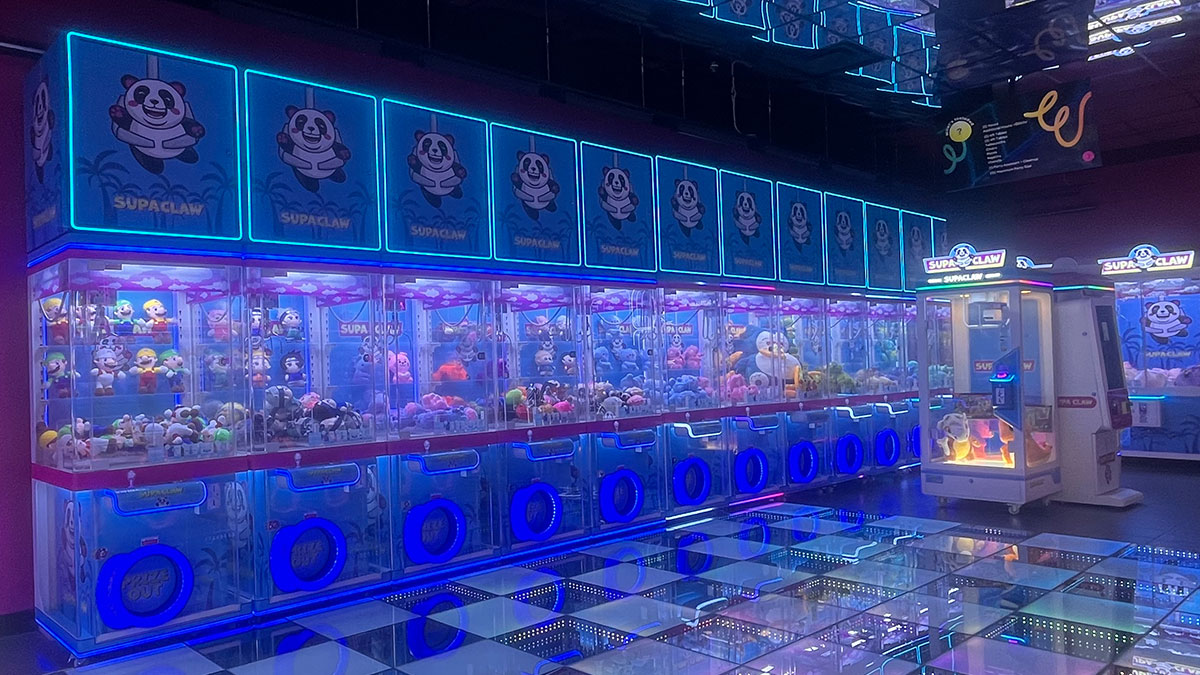 Japanese-style claw machine at Supa Claw filled with plushies and collectible prizes