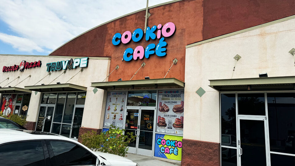 Exterior storefront of Cookio Cafe located in a Las Vegas shopping plaza.