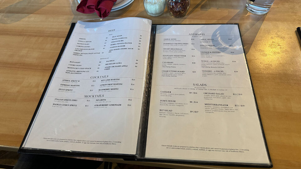 Dom DeMarco’s Pizzeria & Wine Bar menu featuring pizza, pasta, appetizers, and Italian dishes.