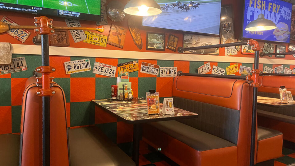 Classic truck-inspired diner booth seating at Sickies Garage Burgers & Brews