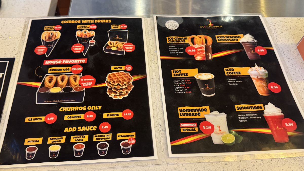 Ole Churros Café menu with fresh churros, Spanish hot chocolate, coffee, and soft serve options.