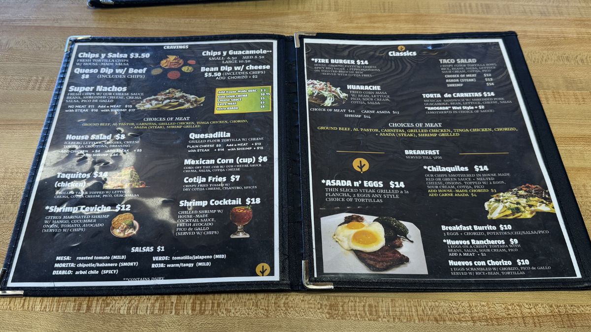 Menu at Sin Fronteras Tacos y Más displaying tacos, burritos, quesadillas, and other Mexican favorites.
