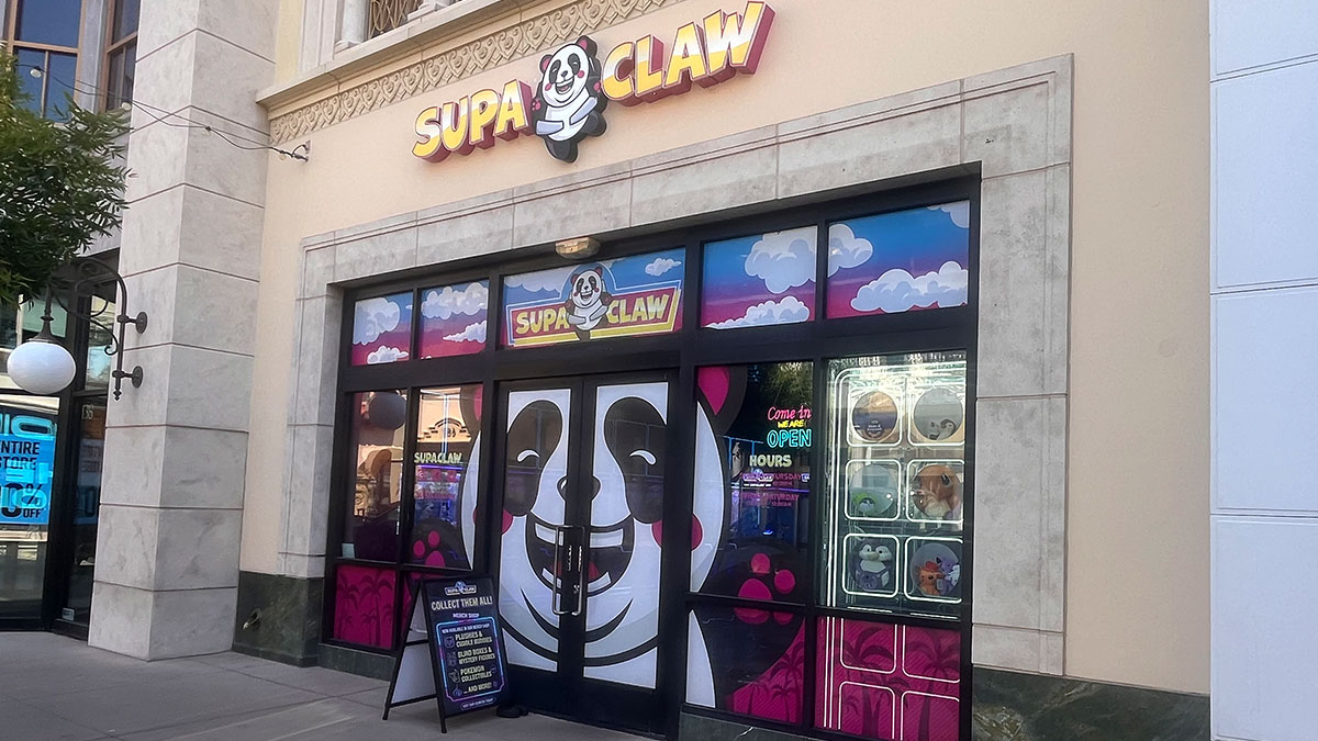 exterior of Supa Claw at Town Square Las Vegas featuring the colorful storefront and entrance to the Japanese-style claw machine arcade