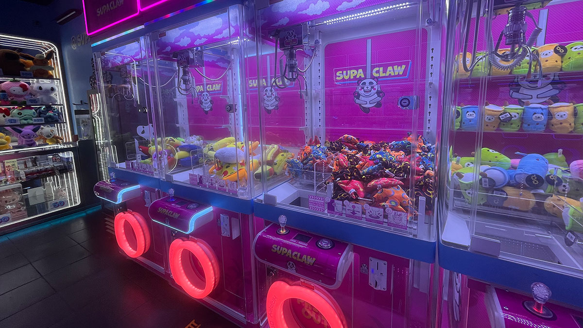 variety of Japanese-style claw machines at Supa Claw featuring plushies, Pop Mart collectibles, and exclusive prizes