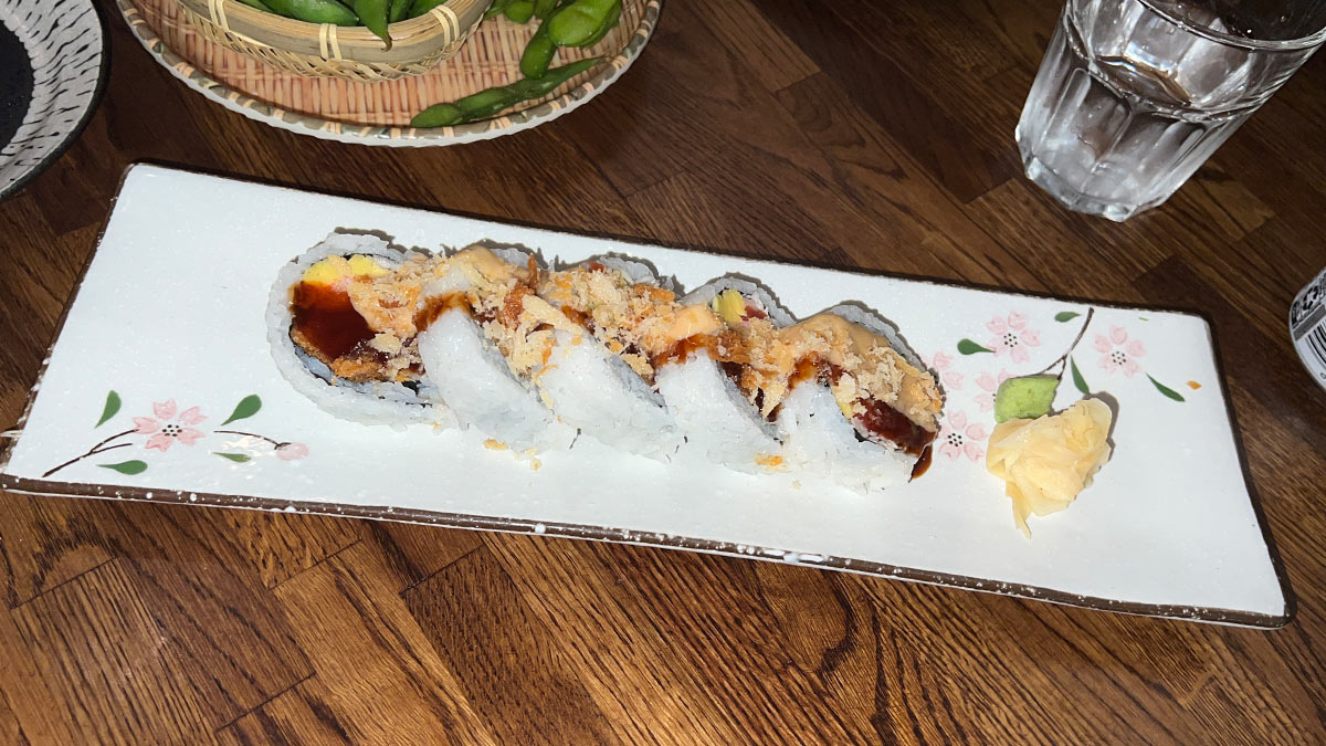 Tonshou Crunch Roll served with sauce and crispy toppings at Ton Shou in Las Vegas