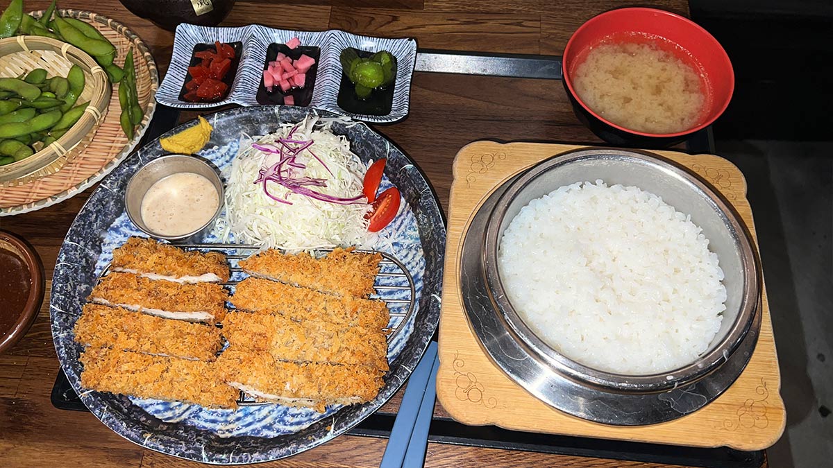 Crispy sliced tori katsu served with rice, cabbage, pickles and miso soup at Ton Shou