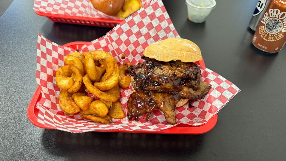 Tri-tip sandwich with fries and root beer at Chip Off the Block Deli.
