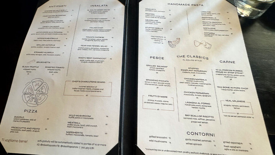 Al Solito Posto Italian restaurant menu at Tivoli Village in Summerlin