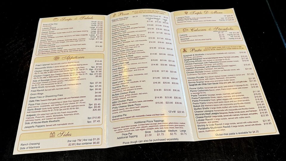 full menu at Marsigliano’s Pizzeria & More featuring pizza, pasta, stromboli, sandwiches, wings, and Italian dishes