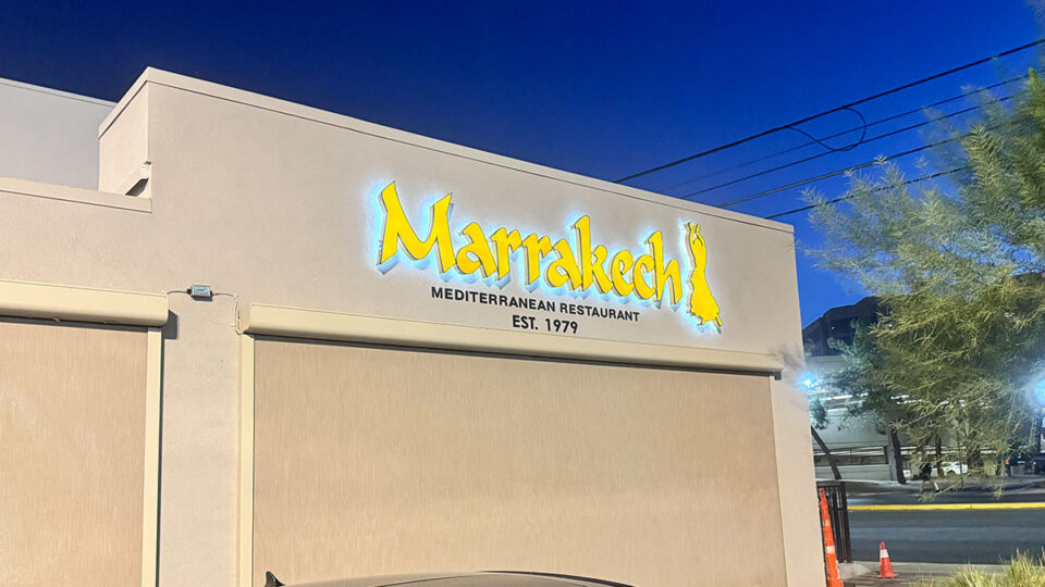 Exterior of Marrakech Mediterranean Restaurant in Las Vegas with its Marrakech Est. 1979 sign.