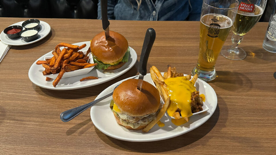 Backyard Classic Burger and Best Damn Bacon Cheeseburger with fries at Slater’s 50/50 on Lake Mead